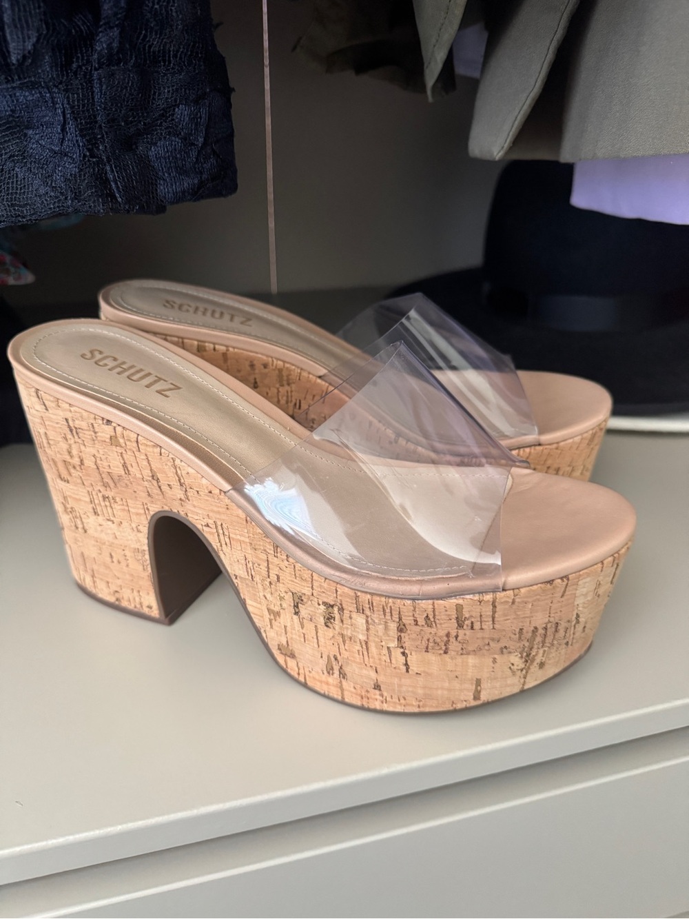 SCHUTZ Clear Strap Cork Platform Sandals in Nude
